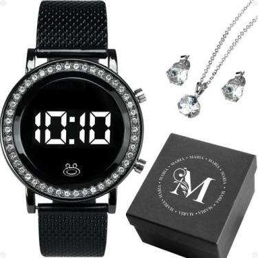 Imagem de Relógio Feminino Digital Preto Casual Medio Kit Joias Colar 45cm Brinc
