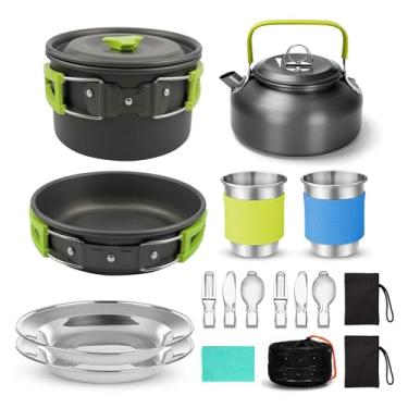 Imagem de Conjunto de Panelas para Camping All in One Equipamento Cozinha Trekking e Piquenique Compacto Camp com Panela Frigideira Chaleira Garfos Colheres Facas Pratos Copos