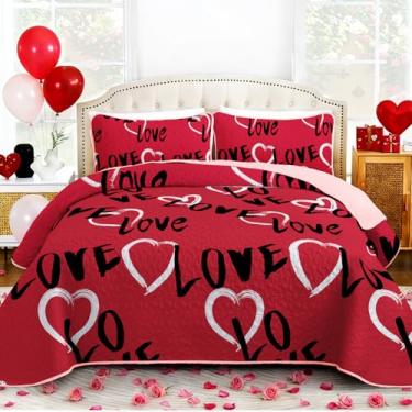 Imagem de Djoymock Conjunto de colcha Queen para o Dia dos Namorados, leve, de microfibra, reversível, conjunto de cama acolchoado para todas as estações, vermelho, doce amor, coração, conjunto de edredom com 2