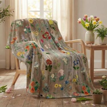Imagem de Horaldaily Manta de flanela primavera verão flores marrom grão de madeira macio felpudo aconchegante cobertor de lã para sofá, cama, presente ideal para crianças, adultos, 127 x 152 cm