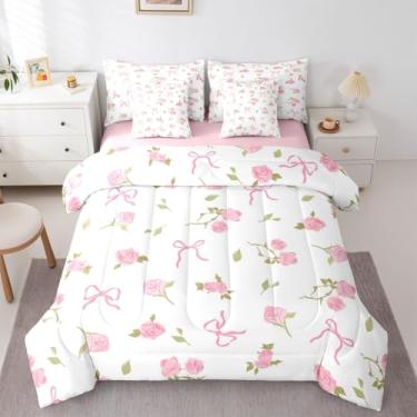 Imagem de Erosebridal Conjunto de cama solteiro de 7 peças com laço rosa, floral, rosa, arco coquete, edredom com lençóis, princesa, arco de balé, conjunto de cama