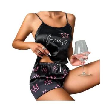 Imagem de Conjunto De Pijama Feminino Sexy De Cetim Com Decote V E Estampa De Co