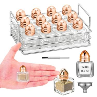 Imagem de 12 potes pequenos em forma de cubo de 14,2 g, pequenos saleiros e pimenteiros de vidro transparente, saleiro de especiarias com funil e rack de armazenamento para festa de casamento, restaurante, casa