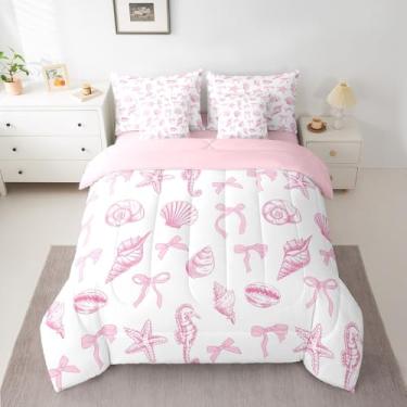 Imagem de Conjunto de cama King com laço rosa, estrela do mar, concha, concha, cavalo marinho, animal marinho, verão, oceano, sonhador (edredom + lençol de cima + 2 fronhas + 2 fronhas de travesseiro)