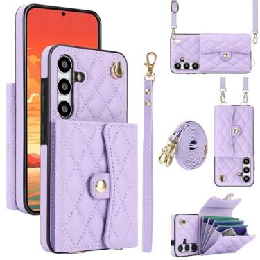 Imagem de Capa para Samsung Galaxy A35 5G, capa carteira para celular com compartimentos para cartões e suporte, capa antiqueda com bloqueio de RFID, bolsa com pulso removível e alça longa para mulheres (roxa)