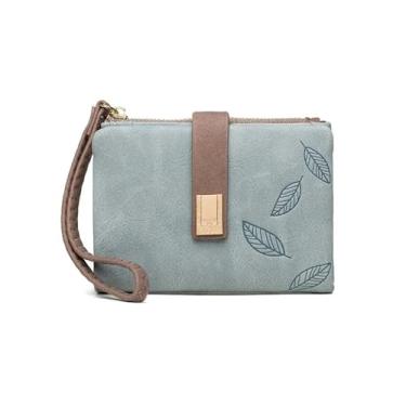 Imagem de Carteira feminina com estampa de folhas curtas, bolsa de couro pequena com alça de pulso, Azul, One Size