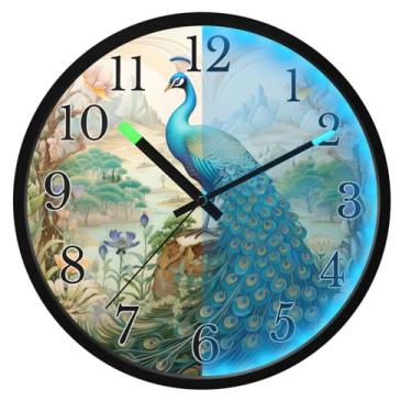 Imagem de ALAZA Relógio de parede boho com pena verde pavão que brilha no escuro funciona por bateria silencioso, relógio de parede de 30 cm, sem tique-taque, relógio de luz noturna para quarto