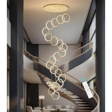 Imagem de Luminária pendente LED moderna com anel longo para escada, ideal para sala de estar, lustre de alumínio com regulagem de intensidade, estilo Xuanguan, perfeita para sala de jantar, quarto, e