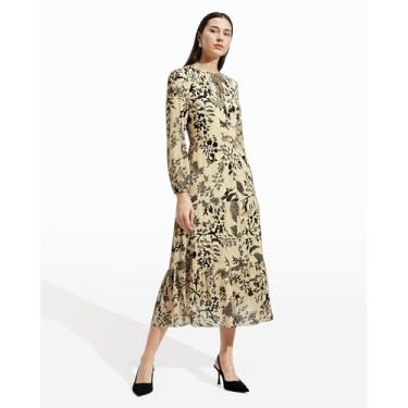 Imagem de Anne Klein Vestido maxi feminino com estampa floral de manga comprida, Cisne branco/Anne Black, 50