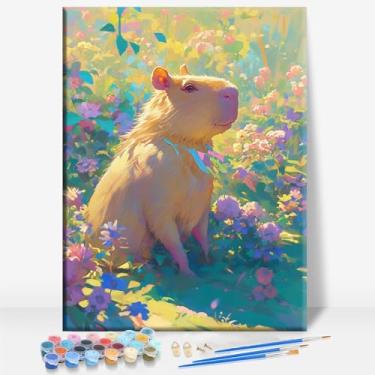 Imagem de HUINORYA Capivara Primavera Flor Jardim Capivara Tela Emoldurada DIY Kit de Pintura por Números Bar Café Caverna Casa Parede Casa de Banho Varanda Pátio Decoração Presente, 40,6 x 30,5 cm