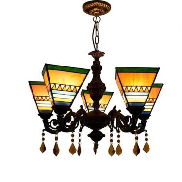Imagem de Lustre Tiffany de cristal com 5 lâmpadas e 15 cm de diâmetro, luminária de teto em formato de pirâmide com vitral, estilo vintage, ideal para sala de jantar, sala de estar, quarto, corredor