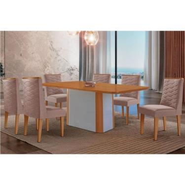 Imagem de Conjunto: Mesa Sala Jantar Pietá Tampo Curvo 180cm+6 Cadeiras Dafne Madeira Naturale/Off White - Capuccino/Linho Capuccino - Rufato