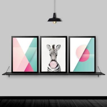 Imagem de Kit 3 Quadros Abstratos Zebra Chiclete 45X34 C/Vidro - Preta