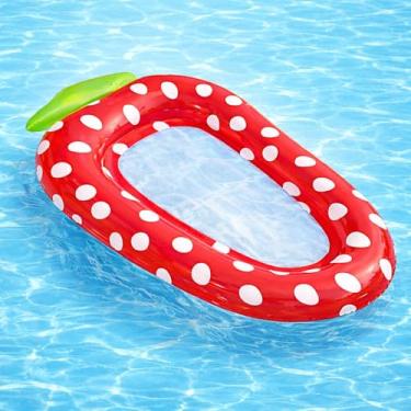 Imagem de Boia Inflável Formato de Morango com Malha Central, 160x88 cm, Design Colorido com Detalhes Brilhantes, para Piscina e Praia, Adultos