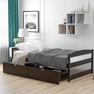 Imagem de Cama plataforma de madeira tamanho solteiro com duas gavetas, cama de plataforma multifuncional compatível com quarto ou sala de estar, moldura de cama sem necessidade de mola box, fácil de montar