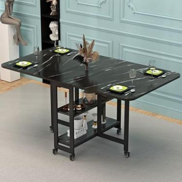 Imagem de Mesa de jantar dobrável moderna, mesa de jantar dobrável com 6 rodas e prateleiras de armazenamento de 2 camadas, mesa de cozinha com economia de espaço, suporte de aço carbono, dobrável em 3 formas