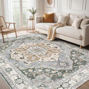 Imagem de Micgeek Tapete lavável 12 x 20.3 cm: tapete vintage neutro macio antiderrapante fino grande para sala de estar, quarto, cozinha, sala de jantar, casa, escritório, casa de fazenda, interior - verde