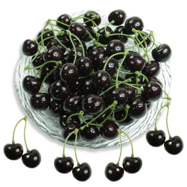 Imagem de Bairdish 30 peças de cerejas artificiais, cereja falsa a granel de frutas falsas, enfeite realista de cereja para decoração de casa, cozinha, festa, mesa, centro de mesa, suporte de exibição de