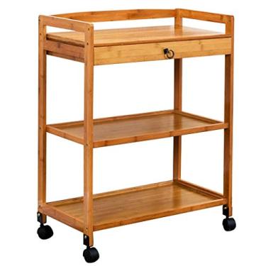 Imagem de LaYiQimn Carrinho de carrinho de chá de bambu de 3 níveis para cozinha, ilha de vinho, carrinho utilitário multifuncional com grade e gavetas para cozinha, sala de estar, clube (cor madeira)