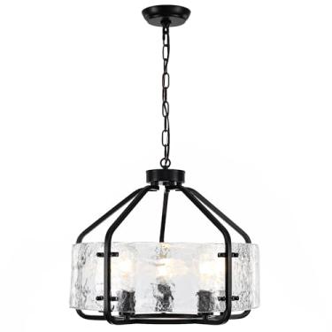 Imagem de Luupyia Lustre de cristal preto de 50 cm, lustre de vidro moderno de 5 luzes, lustres de cristal de tambor ajustável de altura pendente sobre sala de jantar, mesa de cozinha, lustres de entrada para