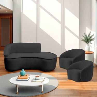 Imagem de Kit Divã Recamier Orgânico Marrocos 200cm Lado Direito E 2 Poltronas Amore Linho Preto