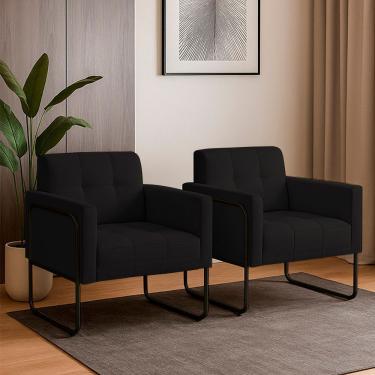 Imagem de Poltrona Sala Industrial Alta Tubo Preto Kit 2 Elisa Linho Preto D03 - D'rossi