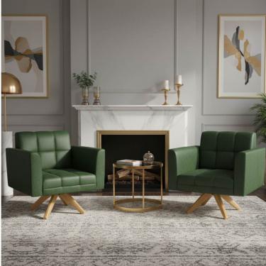 Imagem de Poltrona Sala Decorativa Kit 2 Elisa Giratória Castanho MA30 Sintético PU Verde D03 - D'Rossi