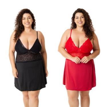 Imagem de Kit 2 Camisola Plus Size Feminina Sensual Microfibra com Renda Sem Boj