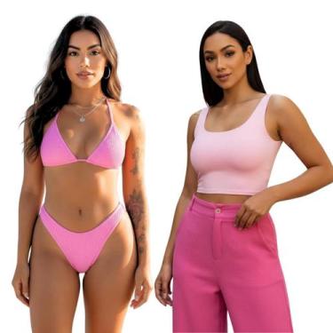 Imagem de Kit Top Cropped Regata + Biquini Cortininha fio dental Cor:Rosa BBTama