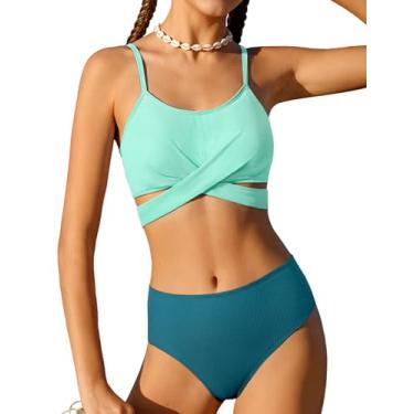 Imagem de Dearnow Conjunto de biquíni de duas peças para meninas, traje de banho cruzado com enchimento no peito, Cruz azul, 11-12 Anos