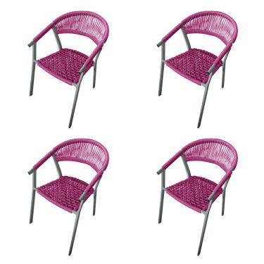 Imagem de Kit 4 Cadeiras Decorativa Joana Em Corda Náutica E Base Em Alumínio Cinza -rosa