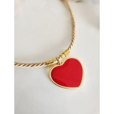 Imagem de Colar Cordão Bege com Pingente Coração Vermelho - Helô Nazaré