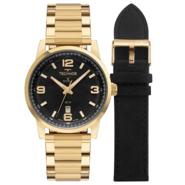 Imagem de Relógio Masculino 2117LGA-T1P Analógico em Aço e Couro Dourado e Preto Technos 4,2CM