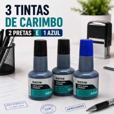 Imagem de Kit 3 Tintas para Carimbo Bazze 40ml Refil para Almofada, 2 Pretas E 1