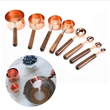 Imagem de Conjunto de taças e colheres de aço inoxidável com alça de nogueira para medir o cozimento de ouro rosa, Measuring Cups And Spoons