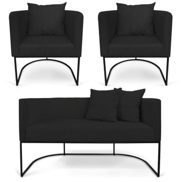 Imagem de Kit 01 Namoradeira 02 Lugares E 02 Poltronas Paola Linho Preto A79 Base Metálica Preto