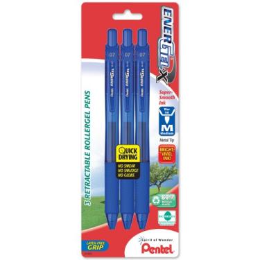 Imagem de Pentel, Caneta de gel líquido retrátil EnerGel-X, 0,7 mm, linha média, ponta de metal, tinta azul, pacote com 3