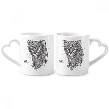Imagem de Conjunto de canecas de porcelana de gato humano silencioso para casal, copo de cerâmica para amantes, alça de coração