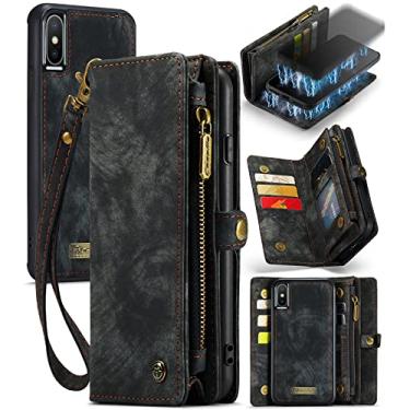 Imagem de ZORSOME Capa carteira para iPhone Xs/X, 2 em 1 destacável couro premium PU com 8 compartimentos para cartões, bolsa magnética com zíper, alça de pulso para mulheres, homens e meninas, preta