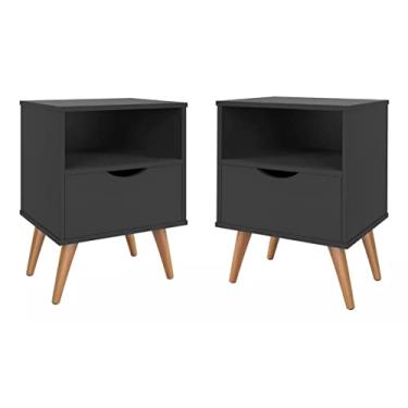 Imagem de Conjunto 2 Mesas De Cabeceira Para Quarto Estilo Retrô Pés Em Madeira Maciça Grécia (Preto)