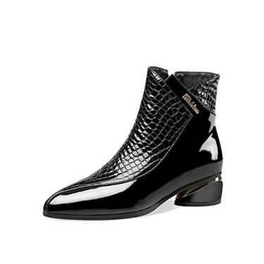 Imagem de TinaCus Bota feminina de couro envernizado feita à mão com bico fino, zíper lateral, salto grosso, casual no tornozelo, Preto, 6