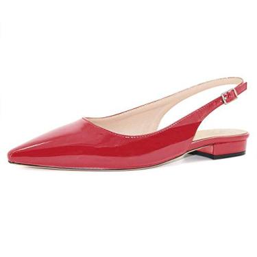 Imagem de Fericzot Sapatos femininos sensuais sandálias de bico fino salto baixo quadrado fivela Drees Flat Shoes Plus Size, Patente vermelho, 7.5