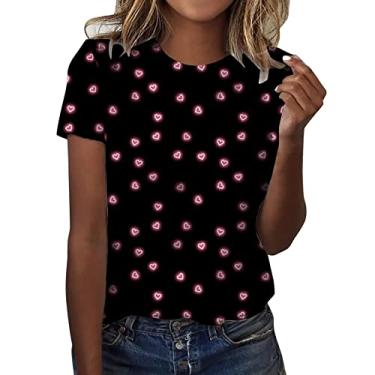 Imagem de Camisetas femininas para o dia dos namorados com estampa cinza de coração de amor solto blusa leve com bloco de cores, rosa, G