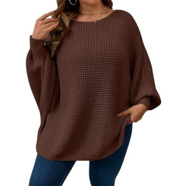 Imagem de COZYEASE Suéter feminino plus size manga longa gola redonda manga longa casual pulôver simples, Marrom chocolate, XX-Large Plus