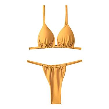Imagem de Conjunto de biquíni atrevido para mulheres, roupa de banho quente, plus size, biquíni peitudo, controle de barriga, biquíni de praia de corte alto, Amarelo, P