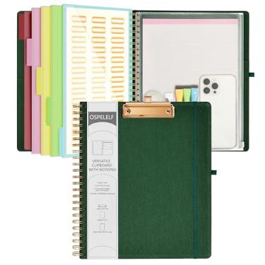 Imagem de Ospelelf Prancheta dobrável espiral com bolsa de armazenamento com zíper, 5 pastas de plástico com 10 bolsos, bloco de notas forrado recarregável (28 x 21,5 cm), organizador de projetos de capa dura com 39 adesivos (verde escuro)