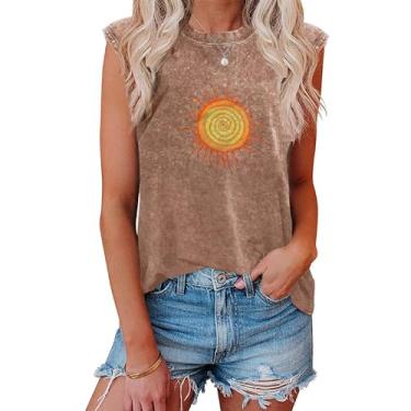 Imagem de Fkatuzi Camiseta regata feminina com estampa de banda de rock vintage com estampa de sol retrô para concertos de algodão sem mangas, Café, P