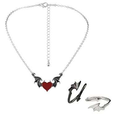Imagem de Kicomvi Colar de coração maligno asa de morcego Halloween punk demônio asa de dragão amor coração azul olho turco colar casal família amizade colar joias, Metal, Metal