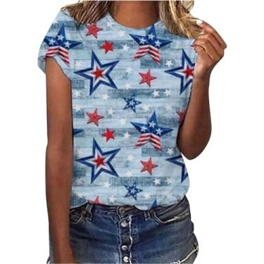 Imagem de Camiseta feminina patriótica dos EUA, 4 de julho, manga curta, Dia da Independência, gola redonda, casual, Memorial Day, bandeira americana, Cinza, G