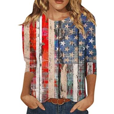 Imagem de Camiseta feminina com bandeira dos EUA 4 de julho, blusas do Dia da Independência, manga 3/4, gola redonda, camisetas de verão, Caqui, P